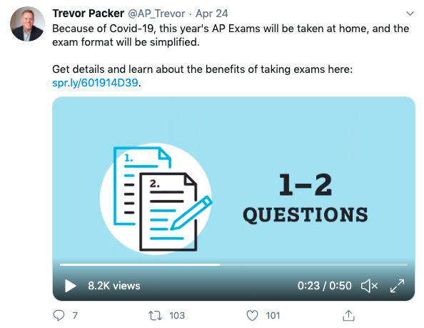 Trevor Packer, senior vice president of AP and instruction of CollegeBoard announces via Twitter the changes to the 2020 AP Exams.