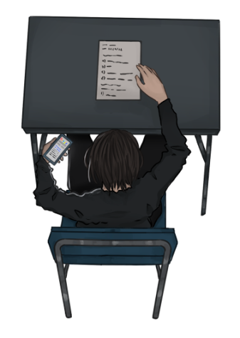 A student taking a test and looking at their phone